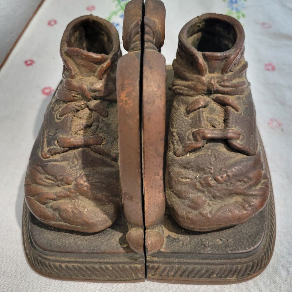 Vintage or Antique Baby Shoe Bookends Doorstop Bronze Heavy patina